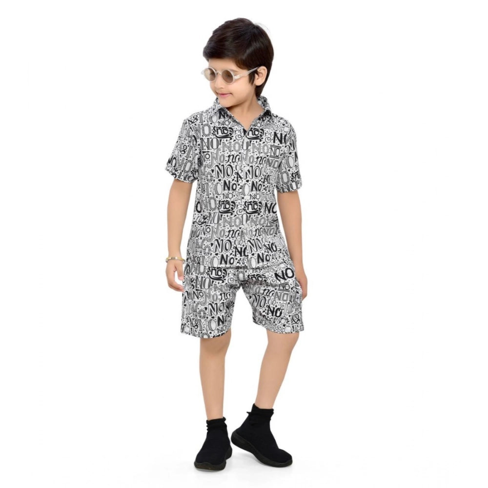 White lycra printed kid's casual wear shirt and shorts set with short sleeves, suitable for active play