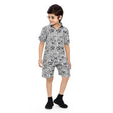 White lycra printed kid's casual wear shirt and shorts set with short sleeves, suitable for active play