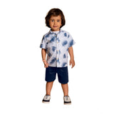 SkyBlue Lycra printed casual wear shirt and shorts set for boys with short sleeves
