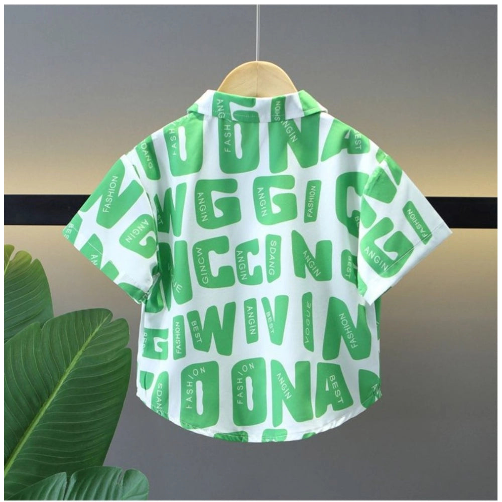 Green Lycra printed casual wear shirt and shorts set for boys, short-sleeved and vibrant design on kid's clothing