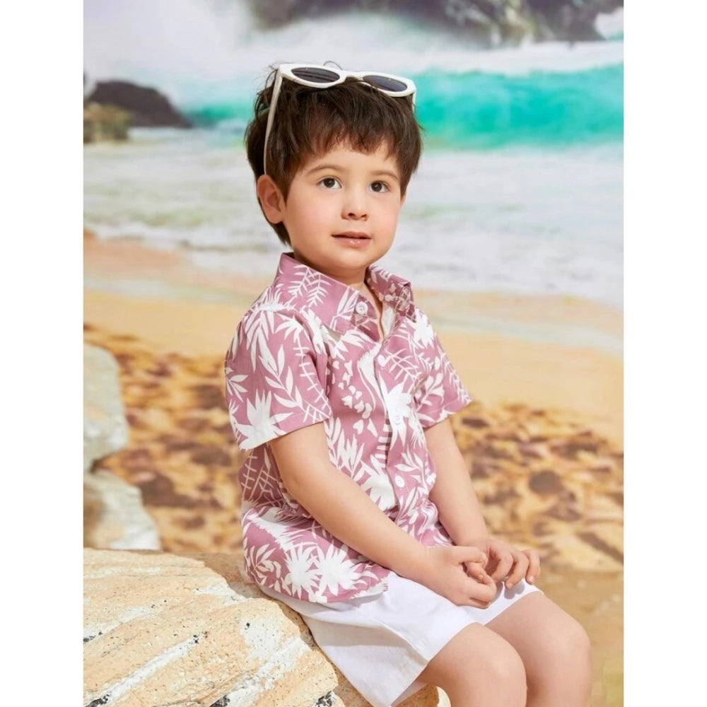 Peach Lycra kid's printed casual wear shirt & shorts set for boys, featuring short sleeves