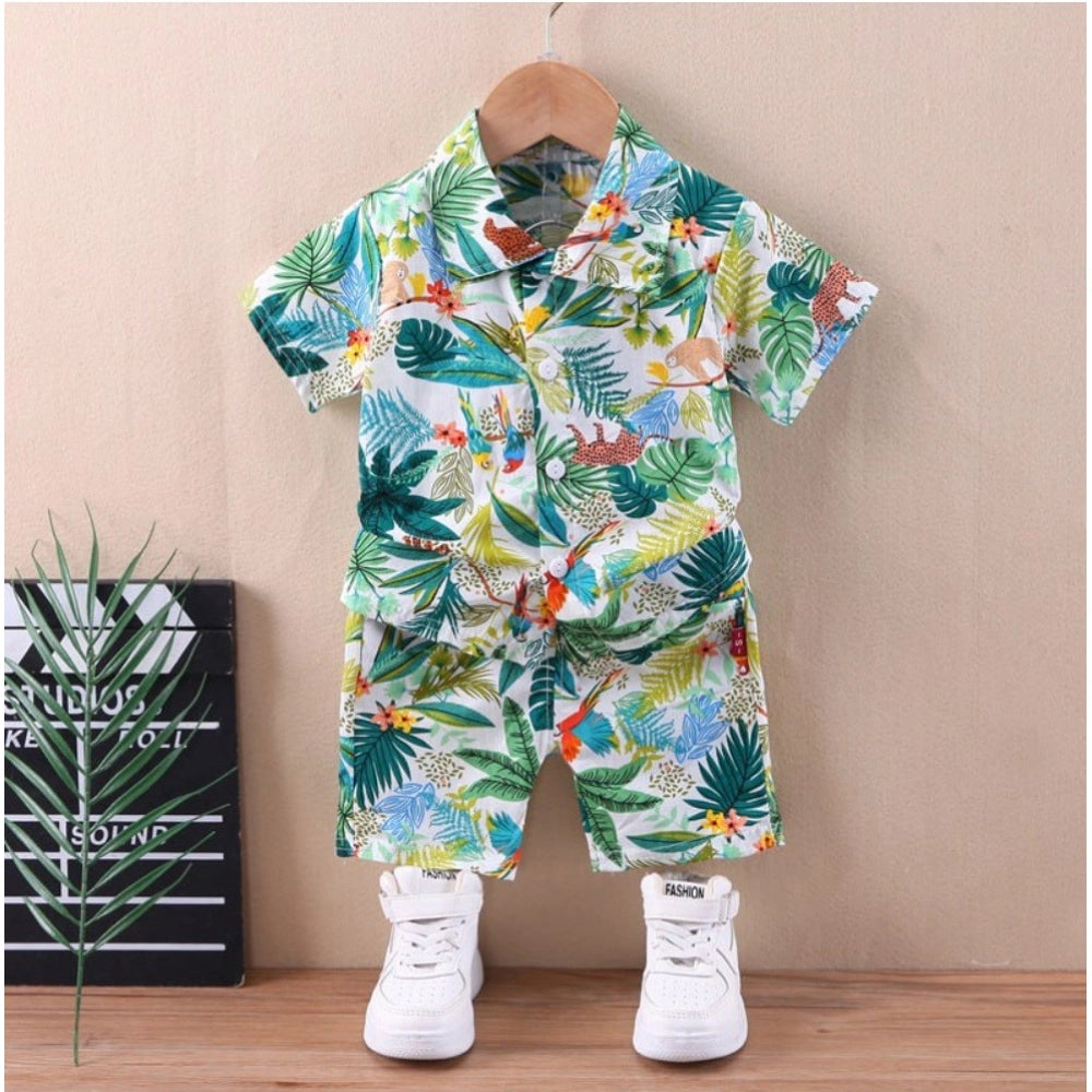 Green Lycra printed casual wear shirt and shorts set for boys, short sleeve style with fun prints