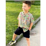 Gray Lycra printed casual wear boy's shirt & shorts set, short sleeve with fun pattern