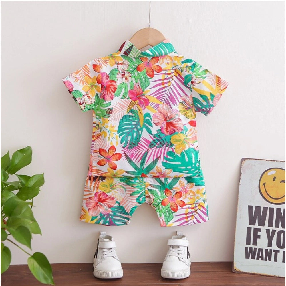Multicolor lycra printed kids casual wear short sleeve shirt and shorts set for active play