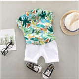 Green Lycra printed boy's casual wear shirt & shorts set, short sleeve, vibrant design on display