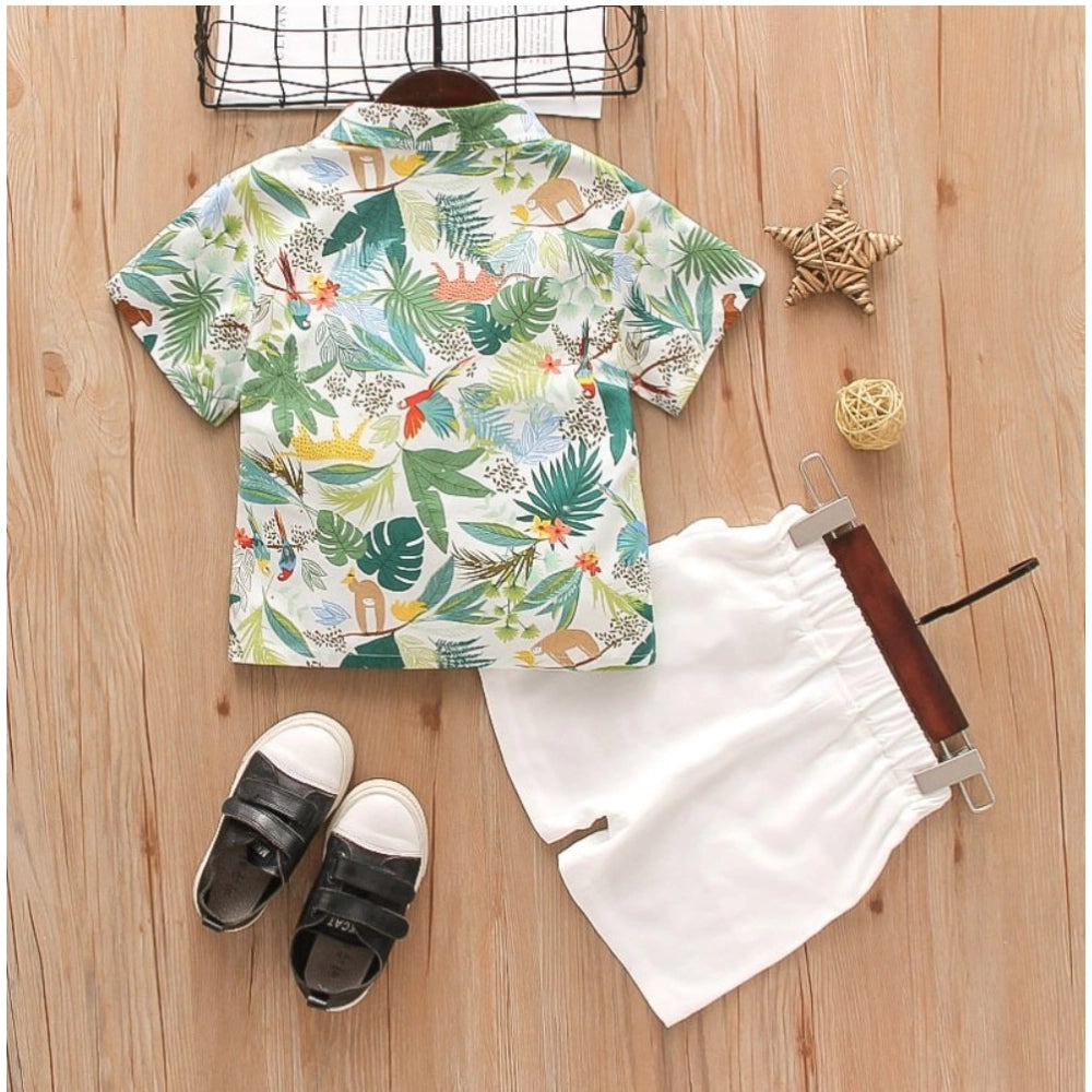 Green Lycra printed casual wear boy's shirt & shorts set for active play