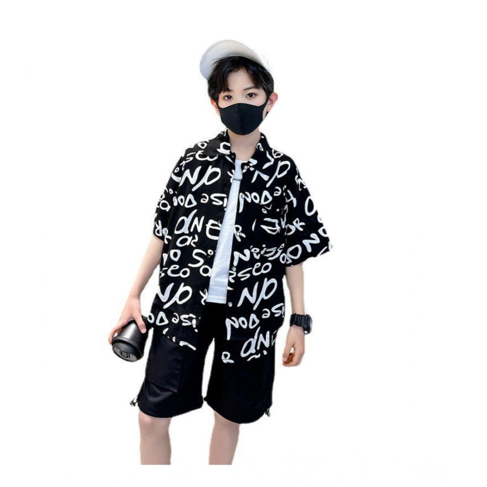 Black Lycra printed casual wear shirt & shorts set for kids, perfect for playtime