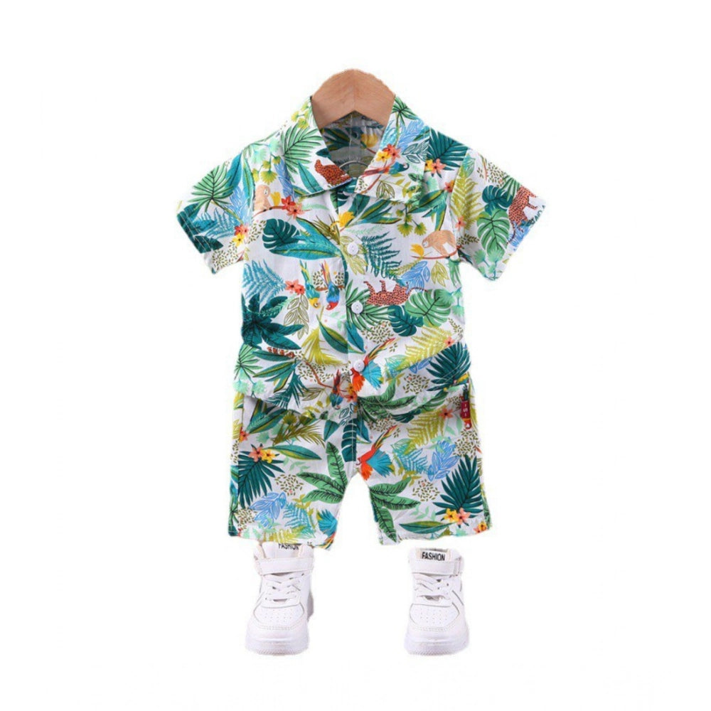 Green Lycra printed casual wear shirt and shorts set for kids, featuring short sleeves and boy's shorts style