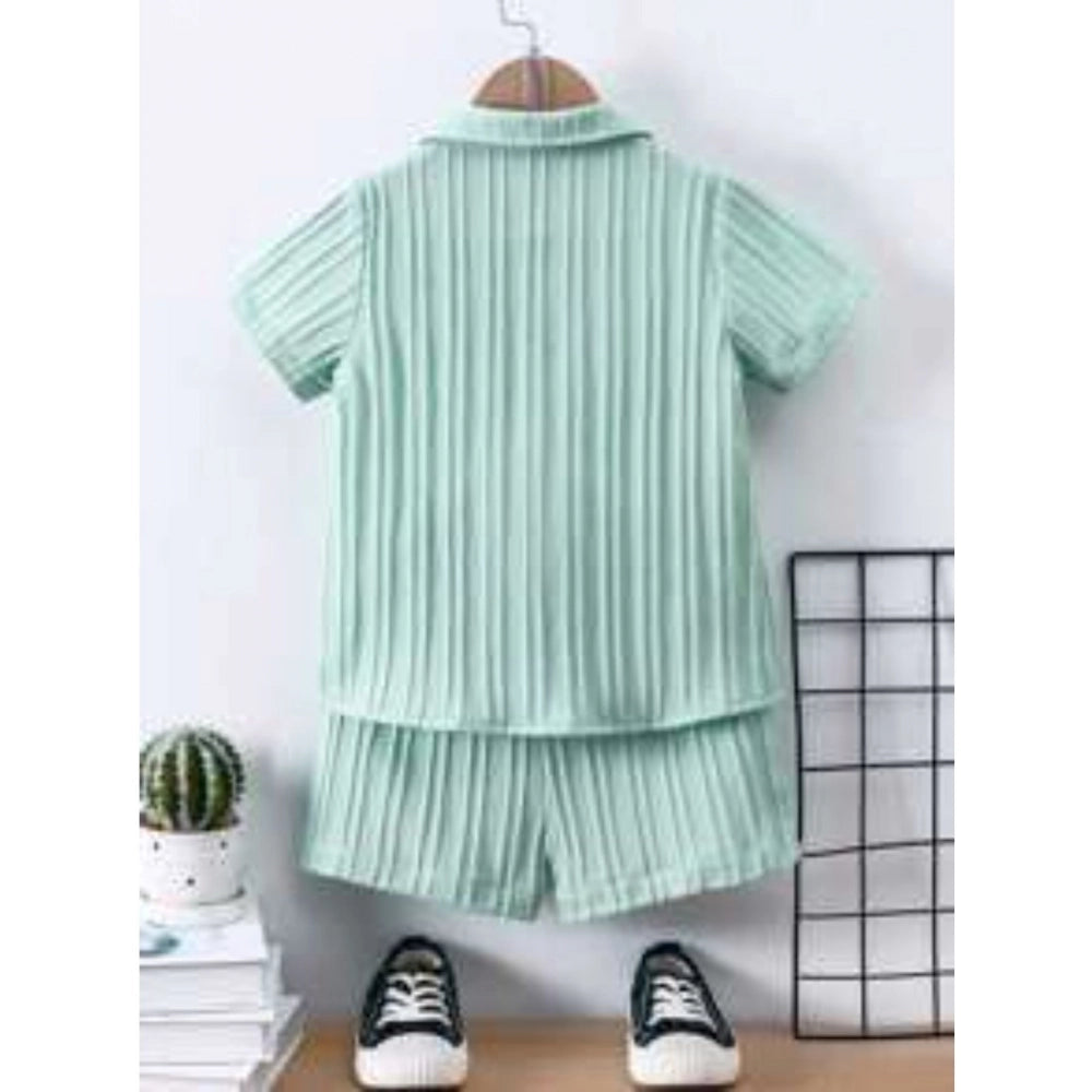 Light-green Lycra boy's casual wear set (shirt & shorts), solid print, short sleeves