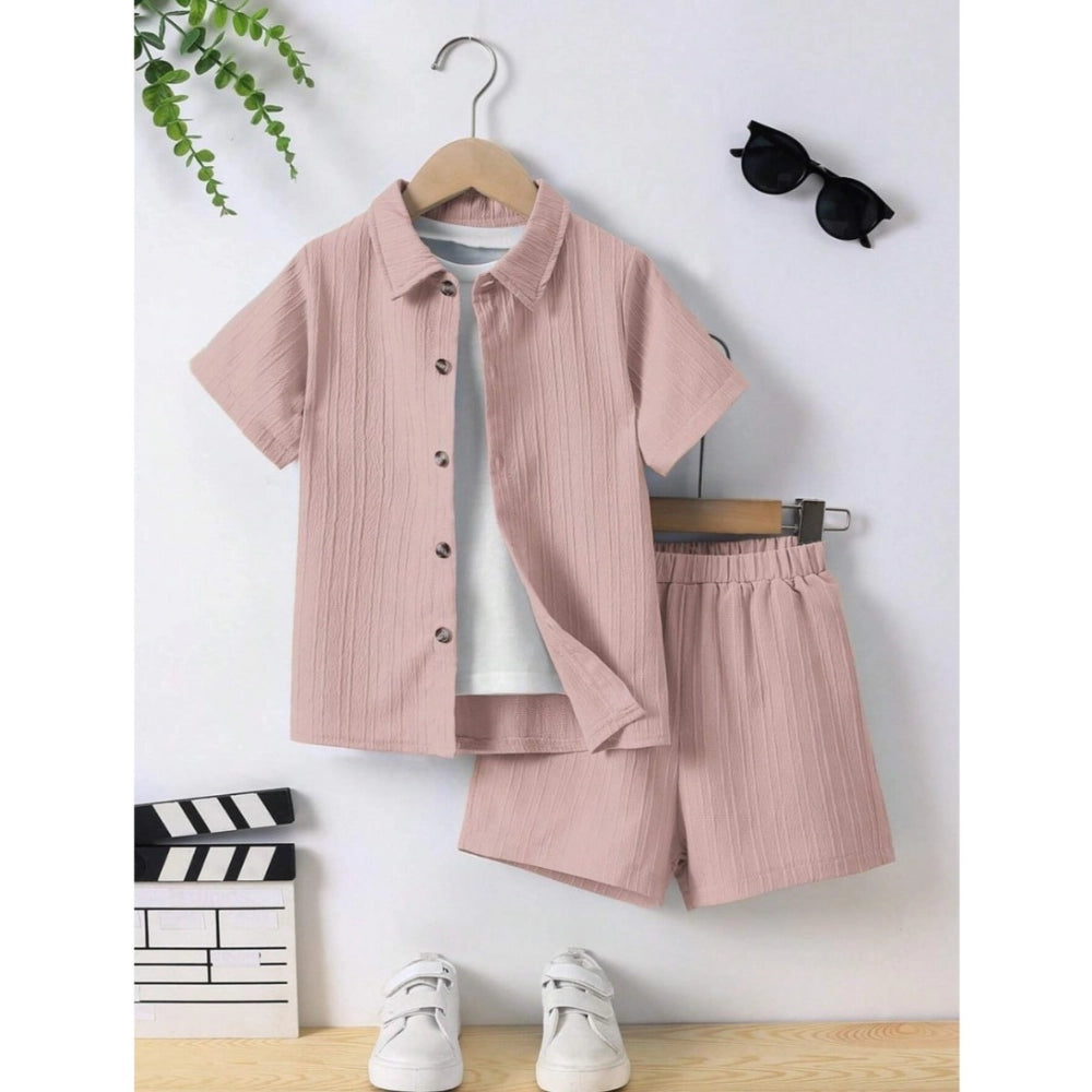 Peach Lycra kid's casual wear set with printed shorts and short sleeve shirt