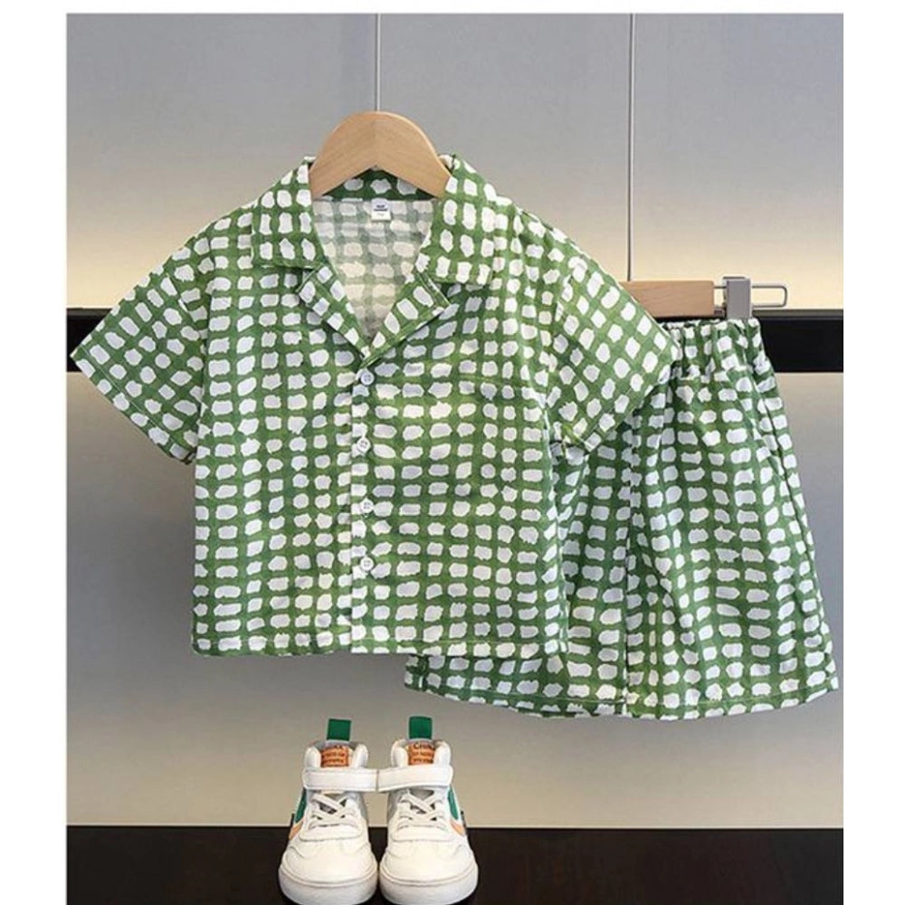 Green Lycra printed casual wear kid's shirt & shorts set for active play