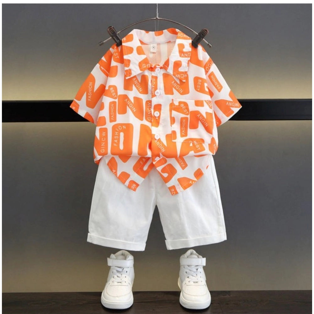Orange Lycra printed casual wear shirt and shorts set for boys with short sleeves and printed pattern