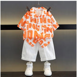 Orange Lycra printed casual wear shirt and shorts set for boys with short sleeves and printed pattern