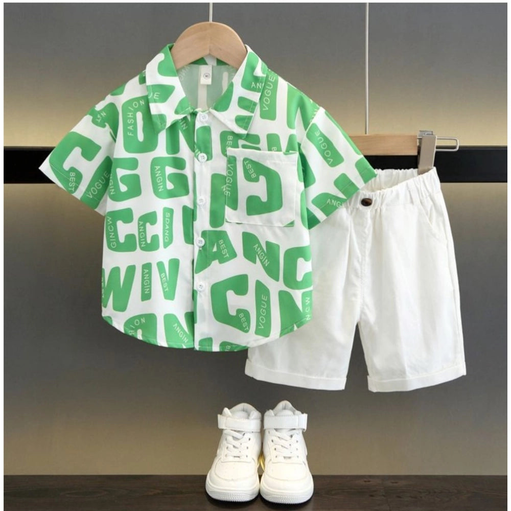 Green Lycra Kid's Casual Wear Shirt & Shorts Set - Printed design for boys active play