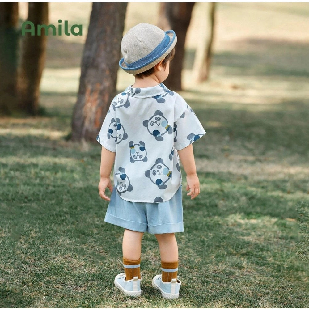 Sky blue Lycra printed casual wear shirt and shorts set for boys