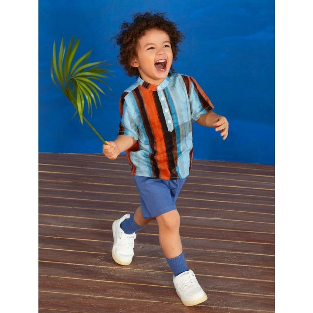 SkyBlue Lycra printed boy's casual wear shirt & shorts set, short sleeve, vibrant design on display