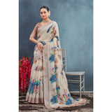 Beige linen floral printed saree with unstitched blouse, 5.5mtr - traditional Indian women's wear for summer events