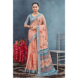 Orange linen floral printed saree with unstitched blouse, vibrant floral design for women's traditional wear