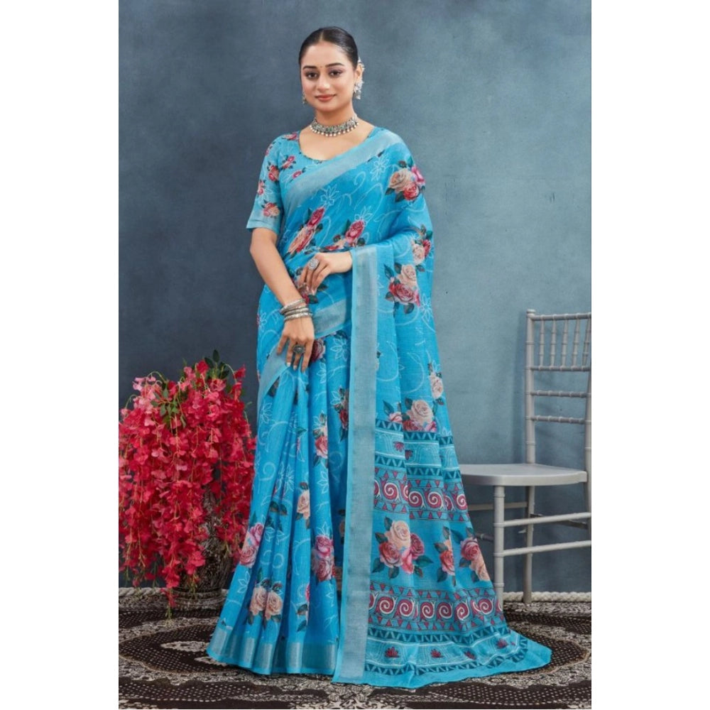 Blue linen floral printed saree with unstitched blouse, vibrant floral design on 5.5mtr length
