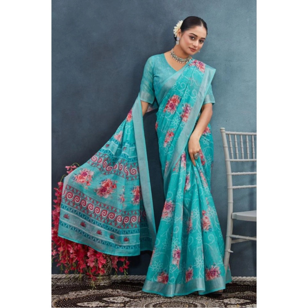Aqua linen floral printed saree with unstitched blouse, vibrant floral design on display