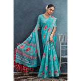 Aqua linen floral printed saree with unstitched blouse, vibrant floral design on display