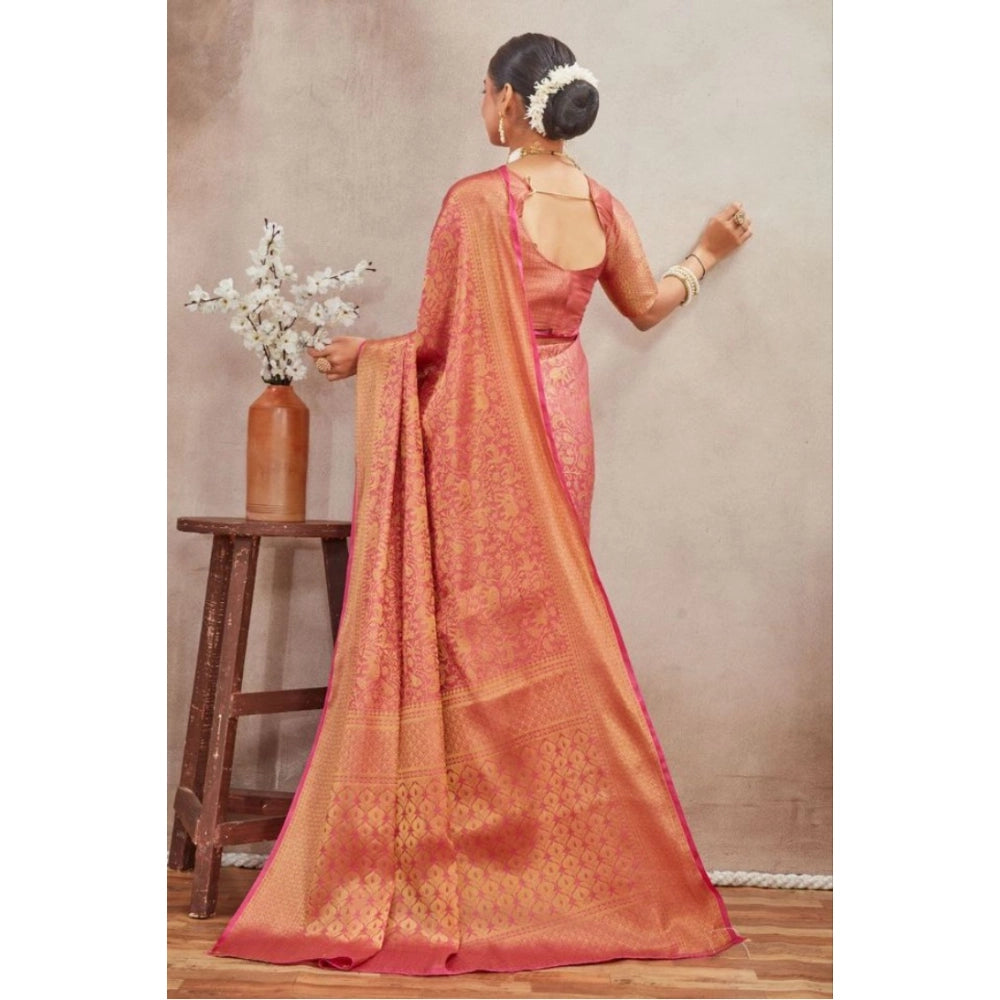 Peach silk blend floral printed saree with unstitched blouse, vibrant floral design on 5.5mtr length