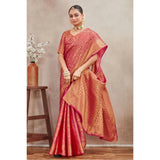 Peach silk blend floral printed saree with unstitched blouse, vibrant peach floral pattern on 5.5mtr fabric