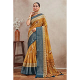 Mustard crepe silk printed saree with unstitched blouse (5.5mtr), traditional Indian fashion wear on mannequin