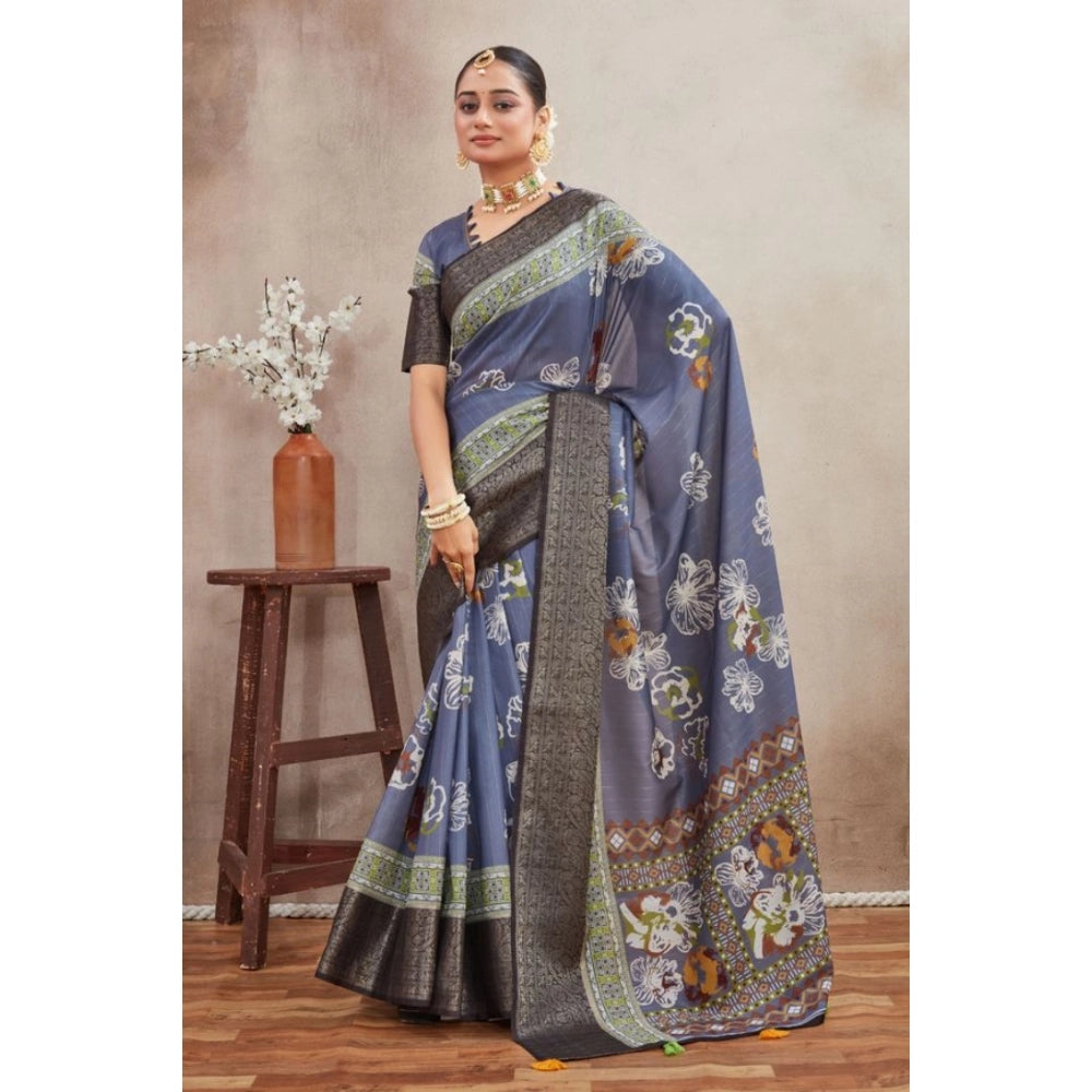 Gray crepe silk printed saree with unstitched blouse, elegant Indian attire for women