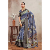 Gray crepe silk printed saree with unstitched blouse, elegant Indian attire for women
