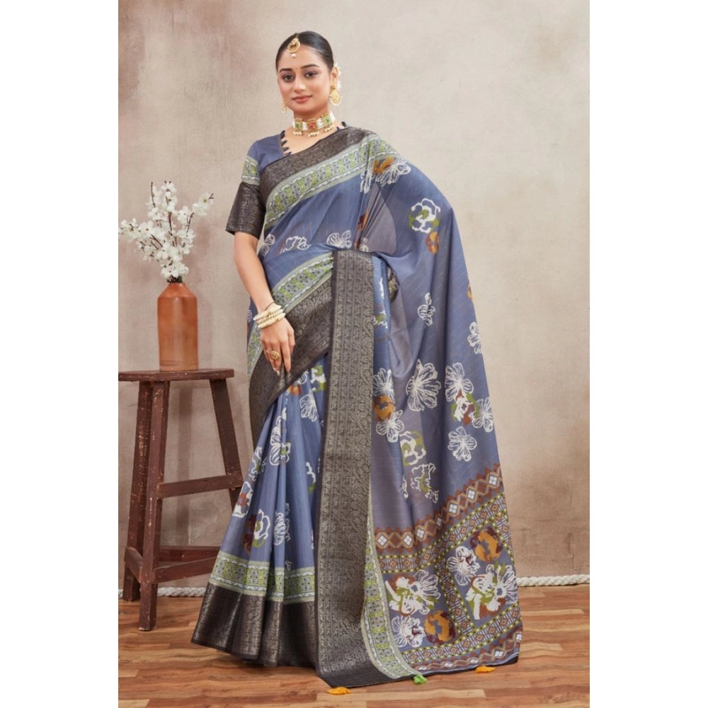Grey crepe silk printed saree with unstitched blouse, vibrant pattern detail