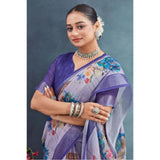 Purple linen floral printed saree with unstitched blouse (5.5mtr) - vibrant, airy ethnic wear
