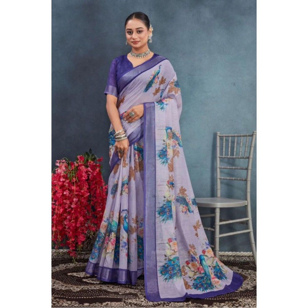 Purple linen floral printed saree with unstitched blouse, vibrant and elegant women's traditional wear