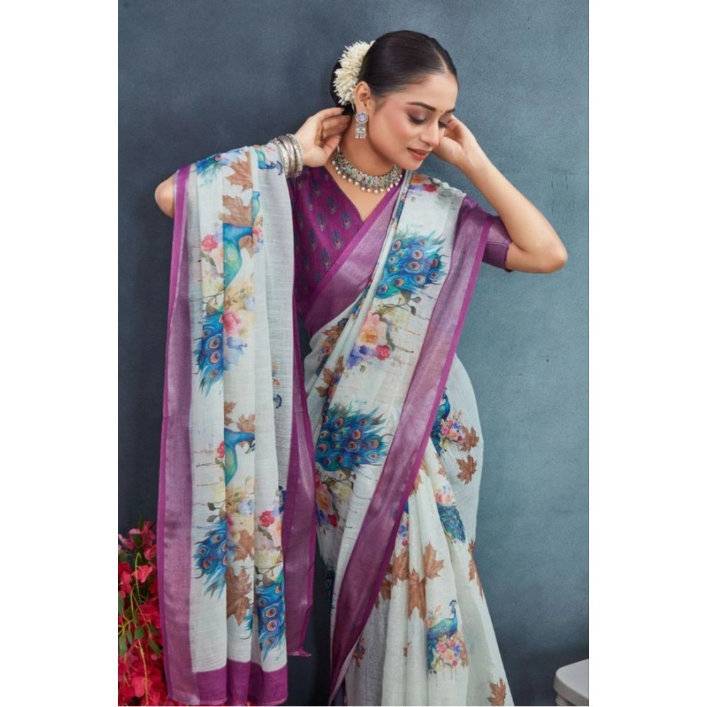 Magenta linen floral printed saree with unstitched blouse, vibrant and airy traditional Indian wear