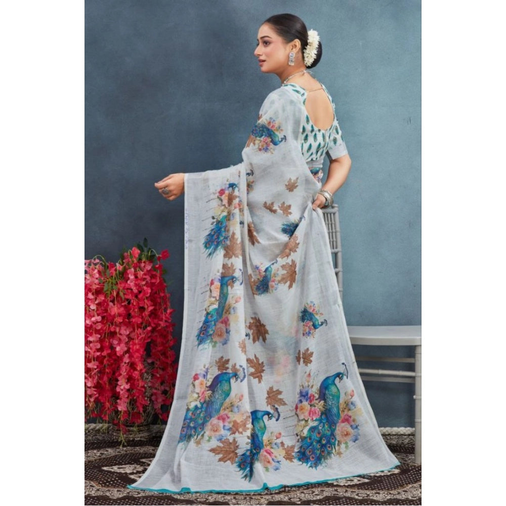 Off-white linen floral printed saree with unstitched blouse, vibrant floral motifs for traditional Indian wear