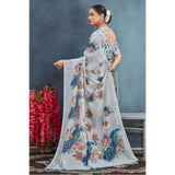 Off-white linen floral printed saree with unstitched blouse, vibrant floral motifs for traditional Indian wear