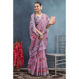 Purple linen floral printed saree with unstitched blouse, vibrant blooms on flowing fabric