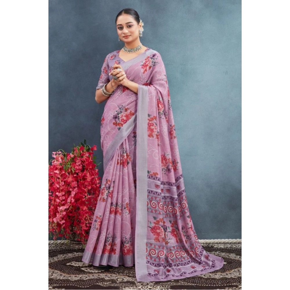 Purple linen floral printed saree with unstitched blouse, vibrant floral patterns on 5.5mtr fabric