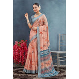 Orange linen floral printed saree with unstitched blouse, vibrant hues for traditional Indian wear