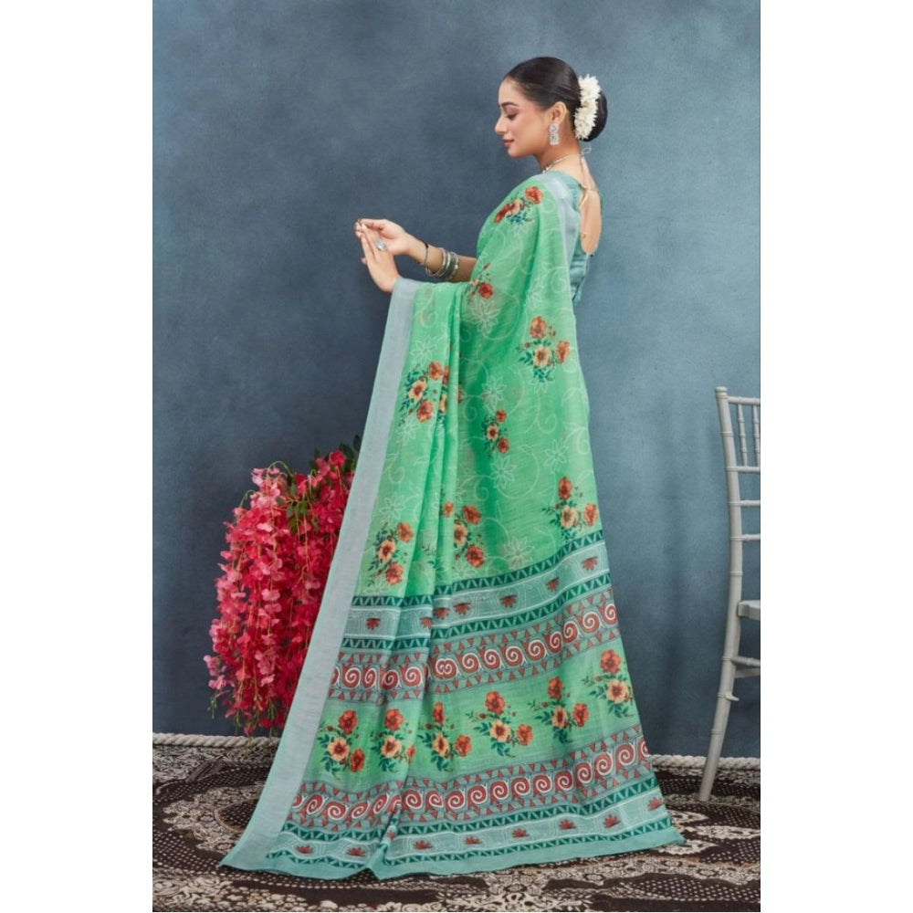Green linen floral printed saree with unstitched blouse, 5.5Mtr
