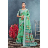 Green linen floral printed saree with unstitched blouse, vibrant blooms on 5.5mtr length