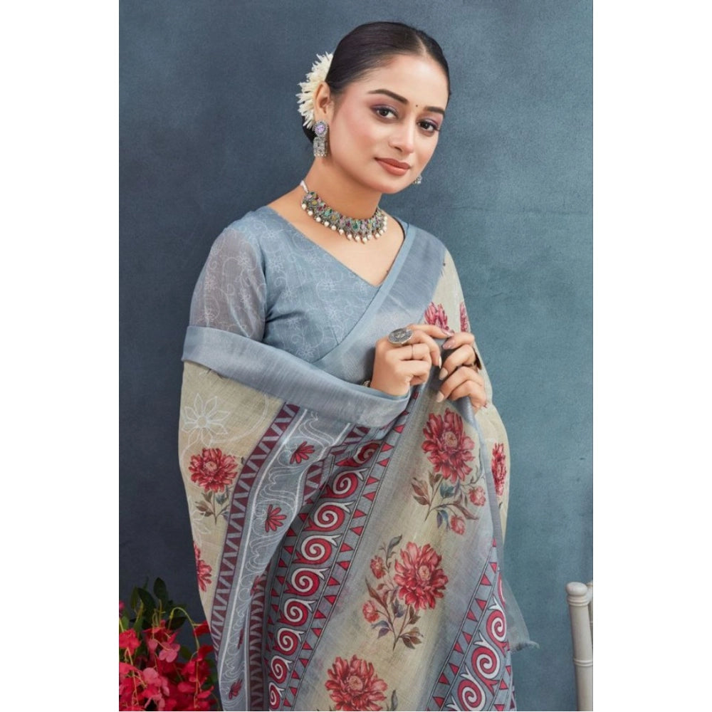 Beige linen floral printed saree with unstitched blouse, vibrant floral patterns for traditional Indian wear