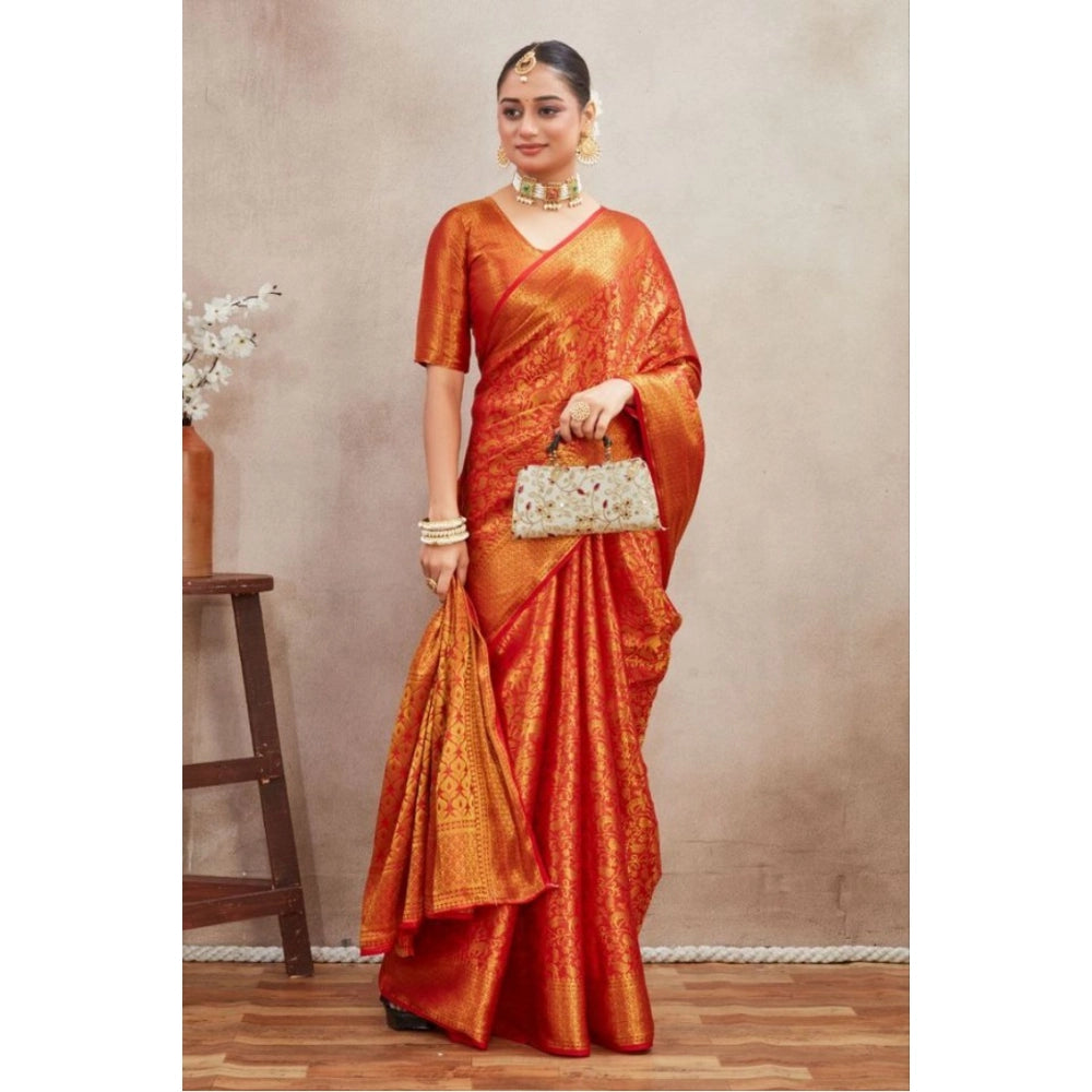 Red silk blend floral printed saree with unstitched blouse, vibrant design for traditional Indian wear