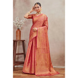 Peach silk blend floral printed saree with unstitched blouse, vibrant peach hue on flowing fabric