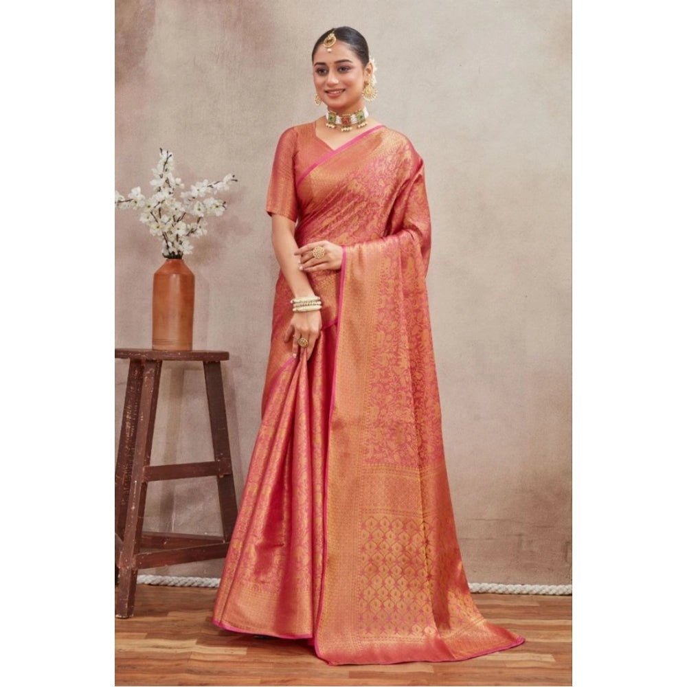 Peach silk blend floral printed saree with unstitched blouse, vibrant floral design on a 5.5mtr length