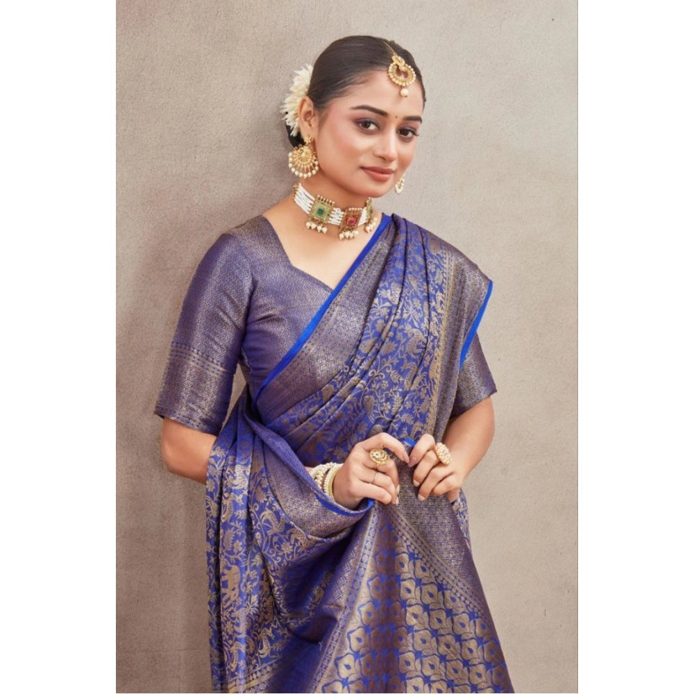 Royal blue silk blend floral printed saree with unstitched blouse, detailed view of intricate pattern
