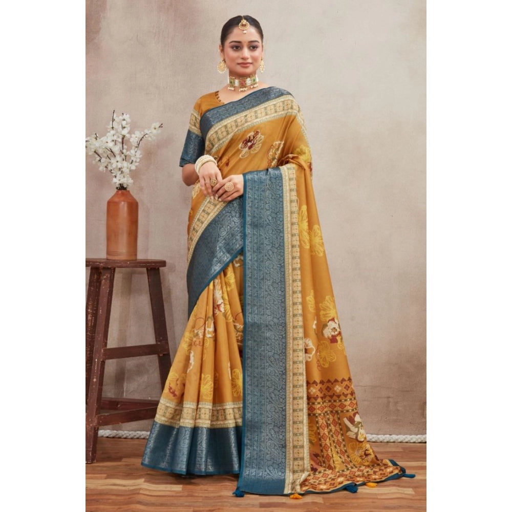 Mustard crepe silk printed saree with unstitched blouse, vibrant Indian fashion wear on display