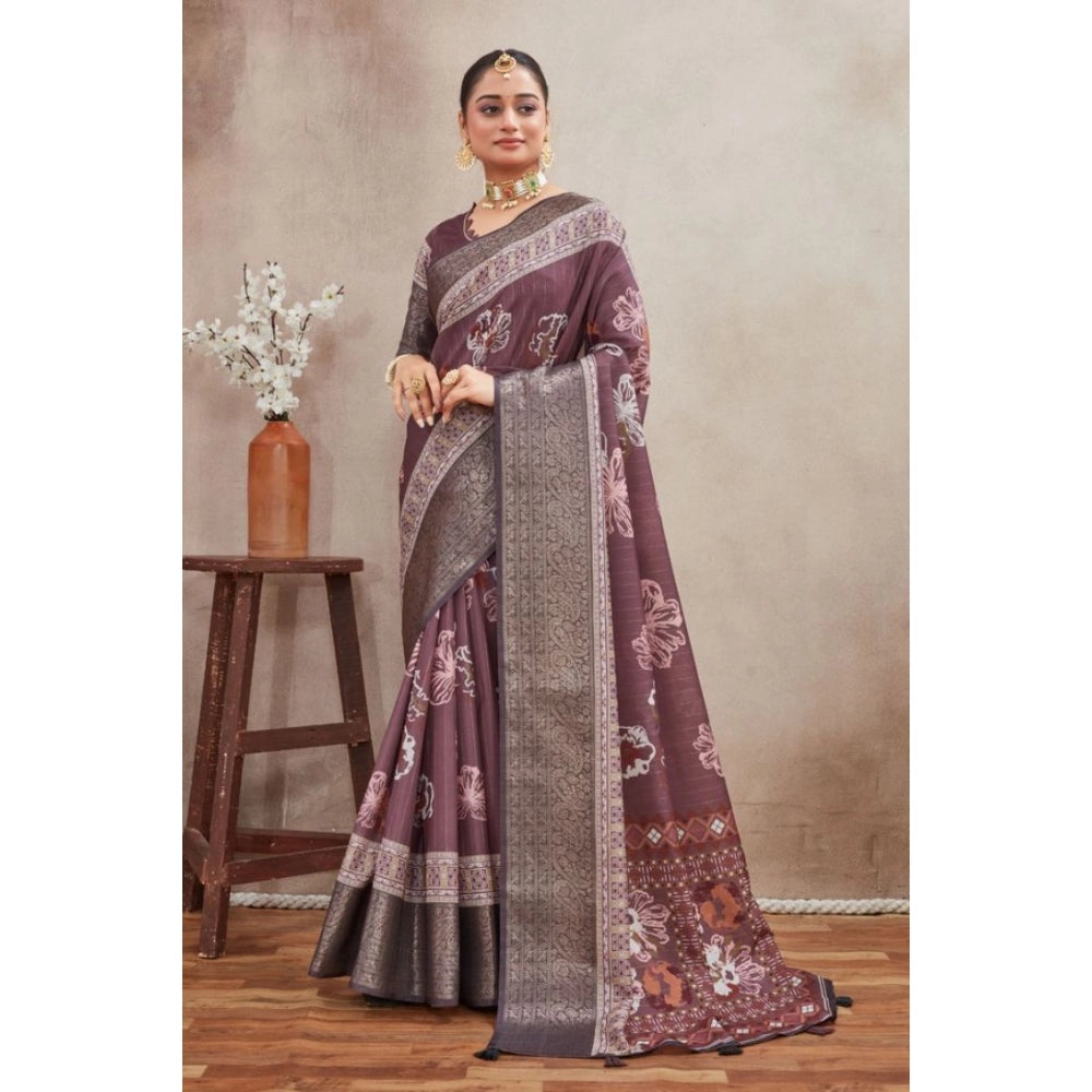Purple crepe silk printed saree with unstitched blouse (5.5mtr), traditional Indian attire