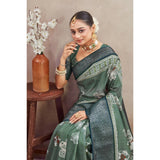 Green crepe silk printed saree with unstitched blouse (5.5mtr)