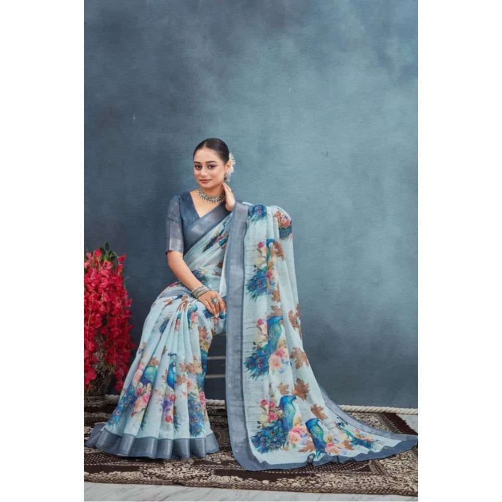 Grey linen floral printed saree with unstitched blouse, vibrant blooms on flowing fabric for traditional Indian wear